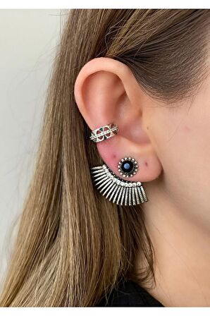 Taşlı Kafes Gümüş Kıkırdak Küpe Earcuff
