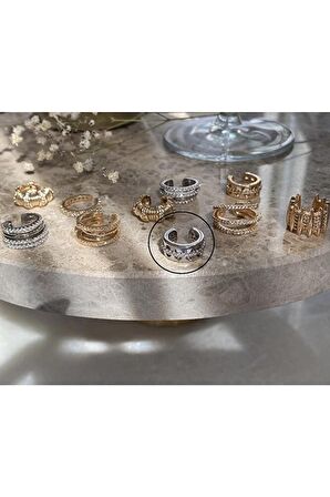 Taşlı Kafes Gümüş Kıkırdak Küpe Earcuff