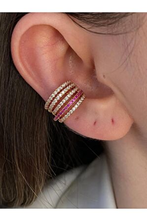 5 Sıra Pembe Zirkon Taşlı Altın Kaplama Kıkırdak Earcuff