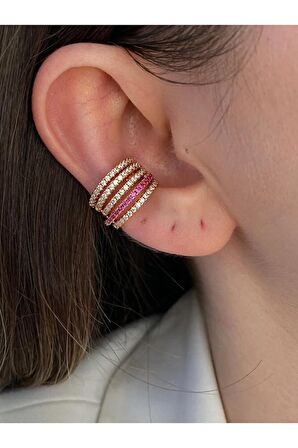 5 Sıra Pembe Zirkon Taşlı Altın Kaplama Kıkırdak Earcuff