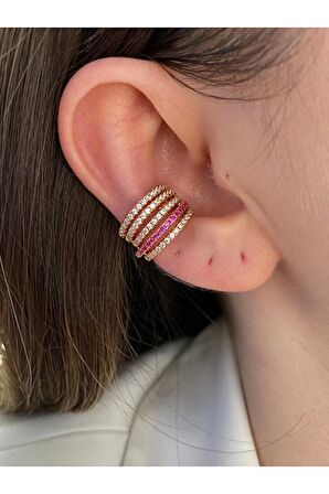 5 Sıra Pembe Zirkon Taşlı Altın Kaplama Kıkırdak Earcuff