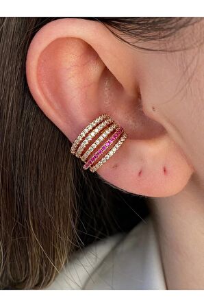 5 Sıra Pembe Zirkon Taşlı Altın Kaplama Kıkırdak Earcuff