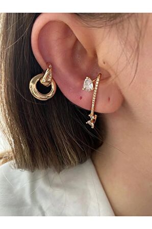 Kadın İç İçe Geçmeli Minimal Halka Altın Kaplama Kıkırdak Earcuff