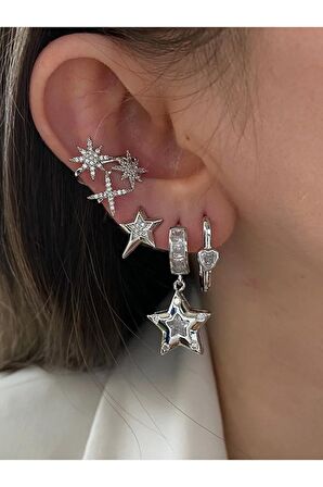 Yıldız Zirkon Taşlı Gümüş Renk Kadın Earcuff Kıkırdak Küpe