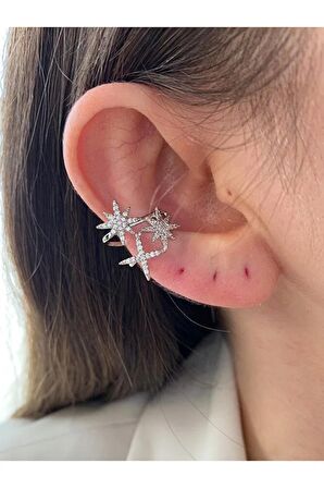 Yıldız Zirkon Taşlı Gümüş Renk Kadın Earcuff Kıkırdak Küpe