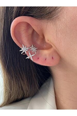 Yıldız Zirkon Taşlı Gümüş Renk Kadın Earcuff Kıkırdak Küpe