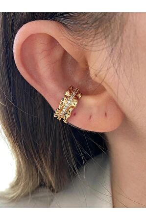 Zirkon Taşlı Halka Altın Kaplama Kadın Earcuff Kıkırdak Küpe