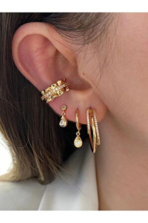 Zirkon Taşlı Halka Altın Kaplama Kadın Earcuff Kıkırdak Küpe