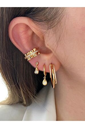 Zirkon Taşlı Halka Altın Kaplama Kadın Earcuff Kıkırdak Küpe