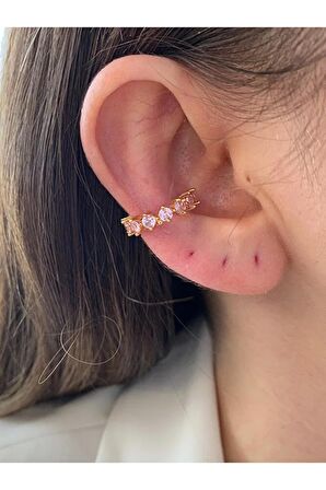 Pembe Oval Taşlı Altın Kaplama Kadın Earcuff Kıkırdak Küpe