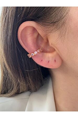 Pembe Oval Taşlı Altın Kaplama Kadın Earcuff Kıkırdak Küpe