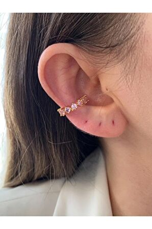 Pembe Oval Taşlı Altın Kaplama Kadın Earcuff Kıkırdak Küpe