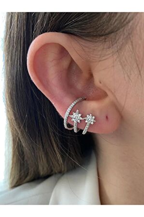 Kuzey Yıldızı Gümüş Renk Kadın Earcuff Kıkırdak Küpe