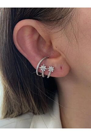 Kuzey Yıldızı Gümüş Renk Kadın Earcuff Kıkırdak Küpe