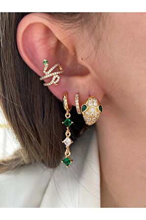 Zümrüt Taşlı Yılan Altın Kaplama Kadın Earcuff Kıkırdak Küpe