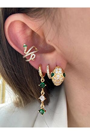 Zümrüt Taşlı Yılan Altın Kaplama Kadın Earcuff Kıkırdak Küpe