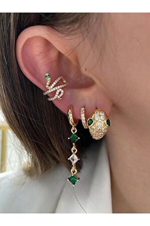 Zümrüt Taşlı Yılan Altın Kaplama Kadın Earcuff Kıkırdak Küpe