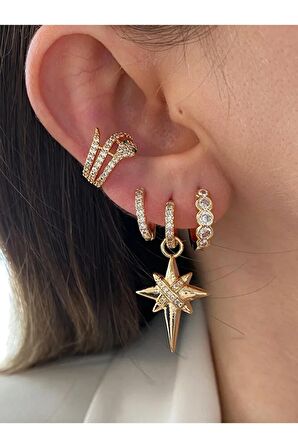 Zümrüt Taşlı Yılan Altın Kaplama Kadın Earcuff Kıkırdak Küpe