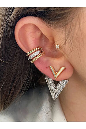 VIP SERİ - 3 Sıra Altın Gümüş Renk Kadın Earcuff Kıkırdak Küpe