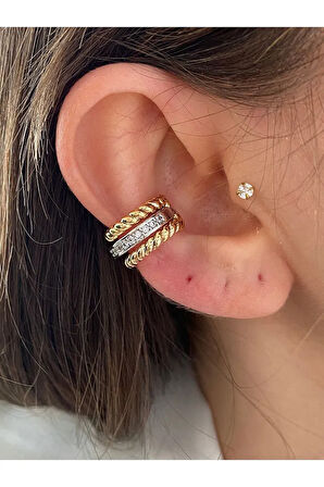 VIP SERİ - 3 Sıra Altın Gümüş Renk Kadın Earcuff Kıkırdak Küpe