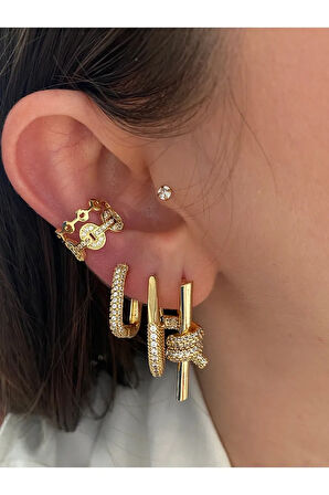 Taç Zirkon Taşlı Minimal Kadın Earcuff Kıkırdak Küpe