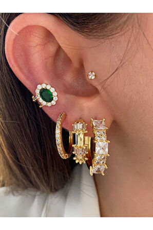 Zümrüt Taşlı Oval Minimal Kadın Earcuff Kıkırdak Küpe