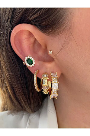 Zümrüt Taşlı Oval Minimal Kadın Earcuff Kıkırdak Küpe