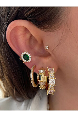 Zümrüt Taşlı Oval Minimal Kadın Earcuff Kıkırdak Küpe