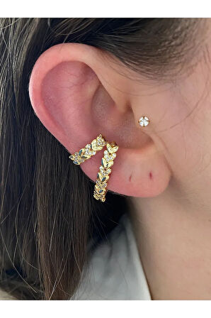 Zirkon Taşlı Sıralı Kalp Altın Kaplama Kadın Earcuff Kıkırdak Küpe