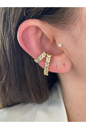 Zirkon Taşlı Sıralı Kalp Altın Kaplama Kadın Earcuff Kıkırdak Küpe