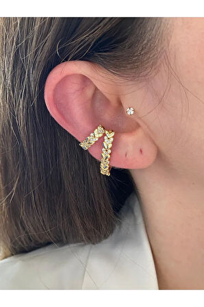 Zirkon Taşlı Sıralı Kalp Altın Kaplama Kadın Earcuff Kıkırdak Küpe