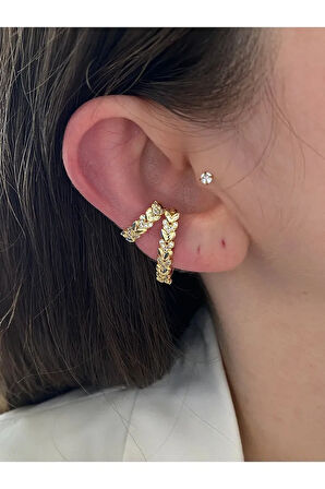 Zirkon Taşlı Sıralı Kalp Altın Kaplama Kadın Earcuff Kıkırdak Küpe