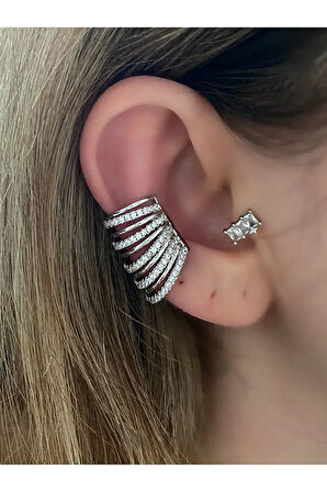 Büyük Earcuff Taşlı 10 Sıra Gümüş Renk Kadın Kıkırdak Küpe