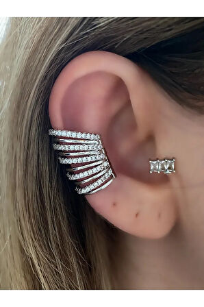 Büyük Earcuff Taşlı 10 Sıra Gümüş Renk Kadın Kıkırdak Küpe