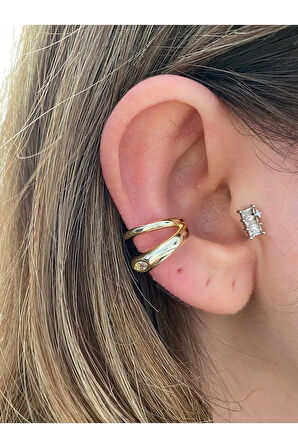 2 Sıra Oval Taşlı Altın Kaplama Kadın Kıkırdak Küpe