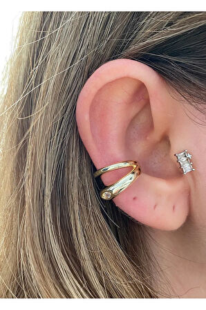 2 Sıra Oval Taşlı Altın Kaplama Kadın Kıkırdak Küpe