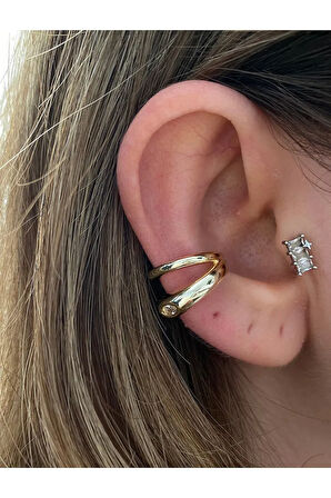 2 Sıra Oval Taşlı Altın Kaplama Kadın Kıkırdak Küpe