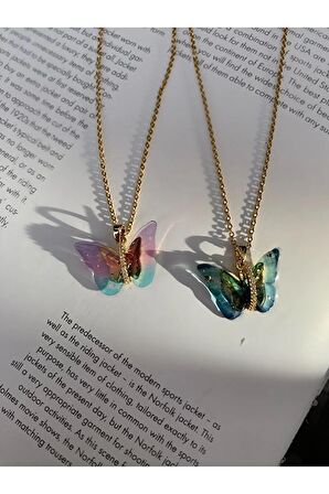 Şeffaf Çok Renkli Kelebek Model Kararmaz Çelik Gold Kolye