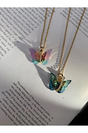Şeffaf Çok Renkli Kelebek Model Kararmaz Çelik Gold Kolye