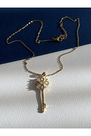 Oval Taşlı Anahtar Çelik Kararmaz Gold Kolye