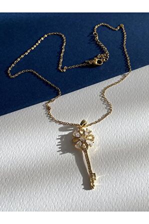 Oval Taşlı Anahtar Çelik Kararmaz Gold Kolye