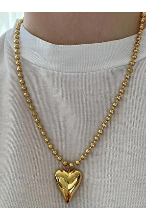 Kadın Sıralı Toplu İri Kalp Çelik Kararmaz Gold Kolye