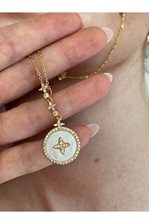 Sedefli Yıldız Taş İşlemeli Kararmaz Çelik Kadın Gold Kolye