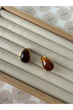 Kahverengi Damla Taşlı Paslanmaz Çelik Kadın Küpe Çifti