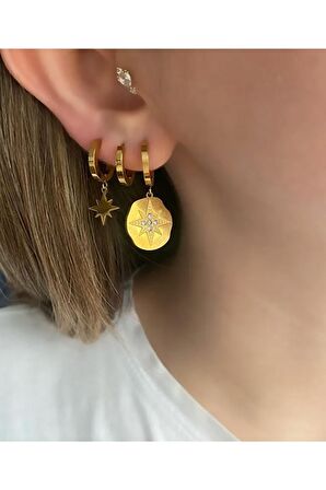 Kadın Kutup Yıldızı Madalyon Çelik Kararmaz Gold 3'lü Küpe Seti