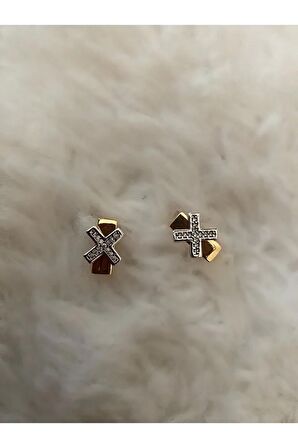 Kare Taşlı X Kalpli Gold Küpe Çifti