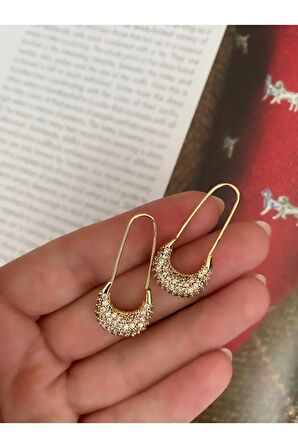 Çengel Iğne Zirkon Taş Montürlü Gold Küpe Çifti
