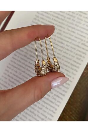 Çengel Iğne Zirkon Taş Montürlü Gold Küpe Çifti