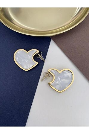 Mineli Kalp Çelik Kararmaz Küpe Çifti