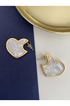 Mineli Kalp Çelik Kararmaz Küpe Çifti